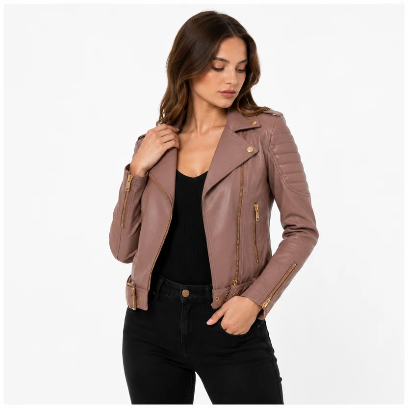 Women's Mauve Biker Leather Jacket 