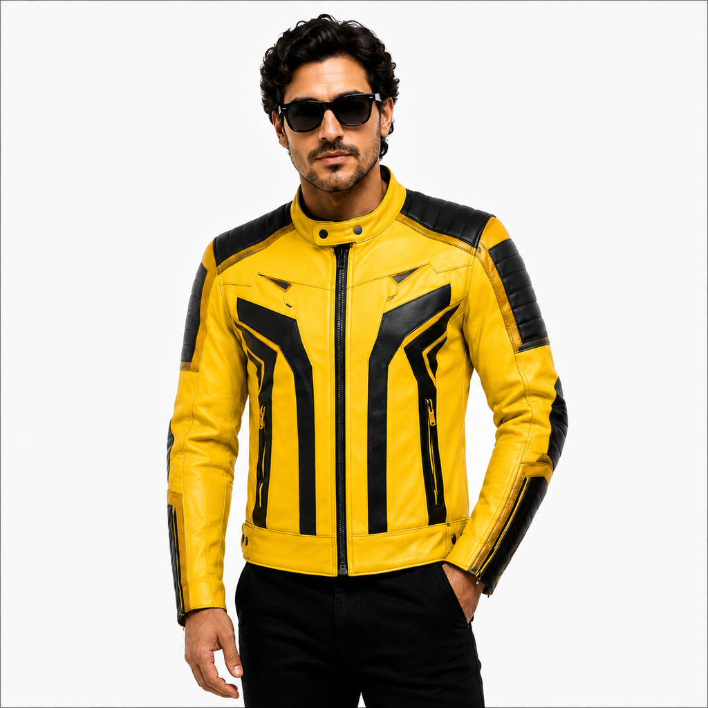 Men's Yellow & Black Racer Leather Jacket