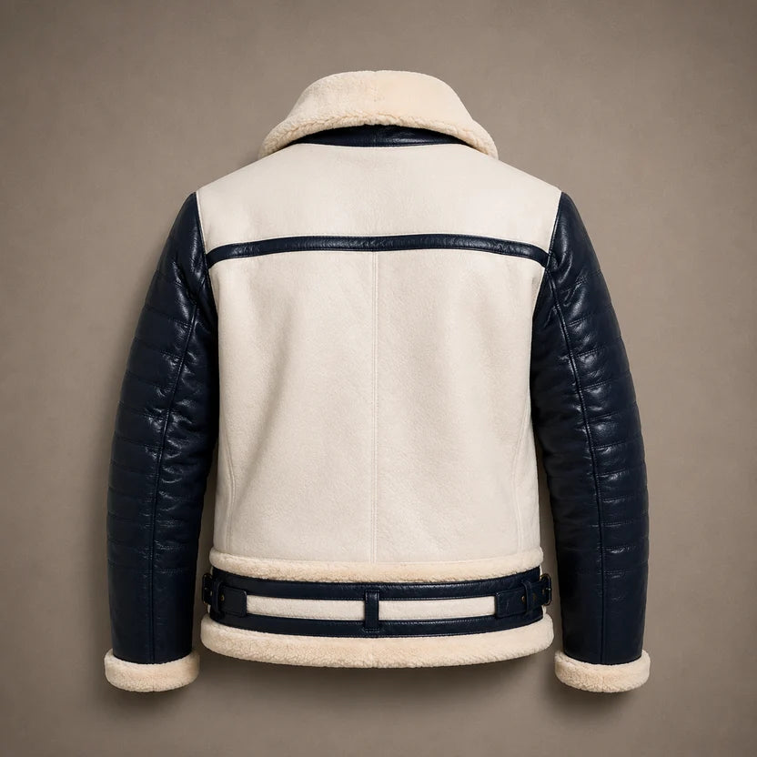 Men's Navy Blue and White Shearling Bomber Jacket