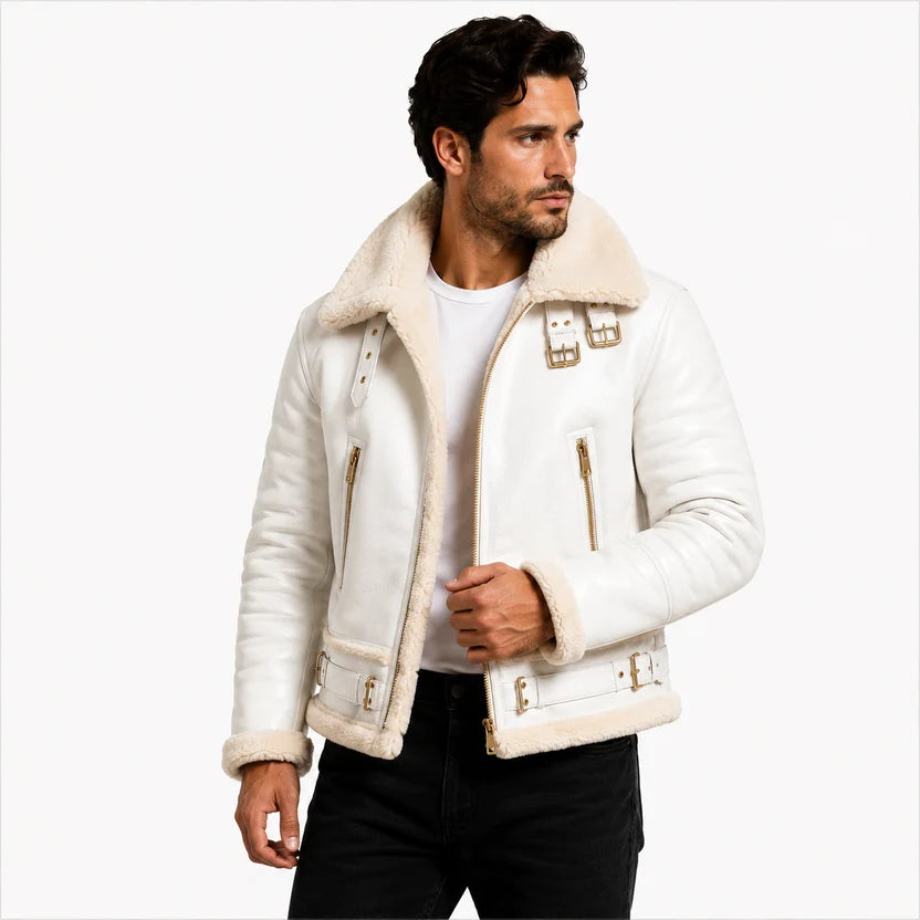 leather bomber jacket with buckles