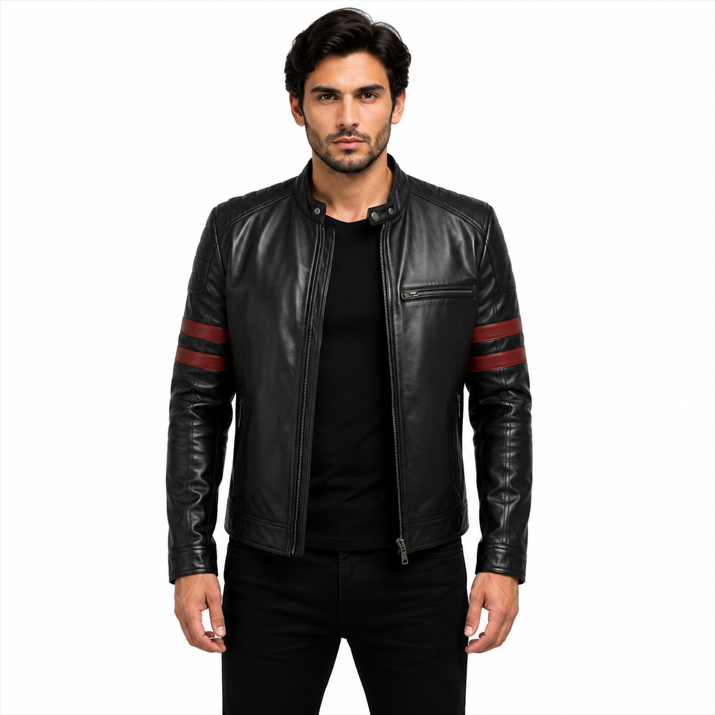 Men's Black Red Striped Genuine Leather Cafe Racer Jacket