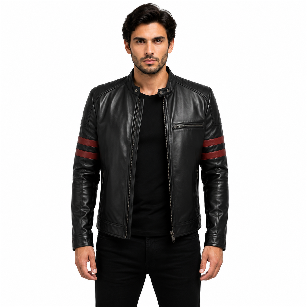 Men's Black Red Striped Genuine Leather Cafe Racer Jacket