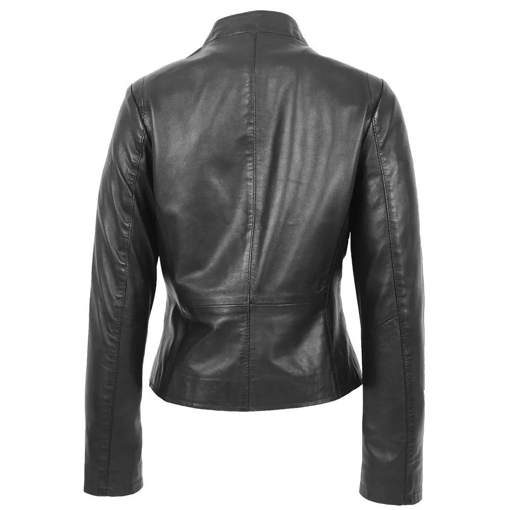 Women’s Black Leather Casual Jacket with Standing Collar