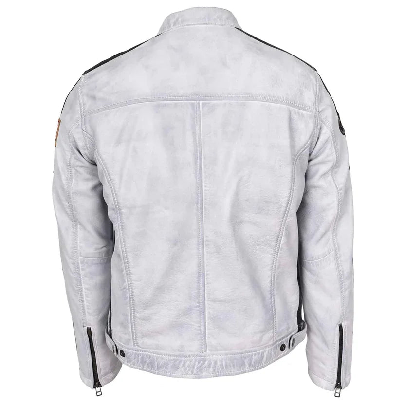 Red racing stripe detail on white leather jacket