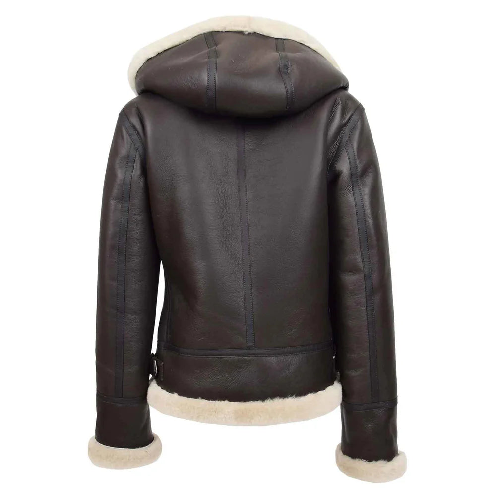 Women’s Sheepskin B3 Jacket Brown White Removable Hood