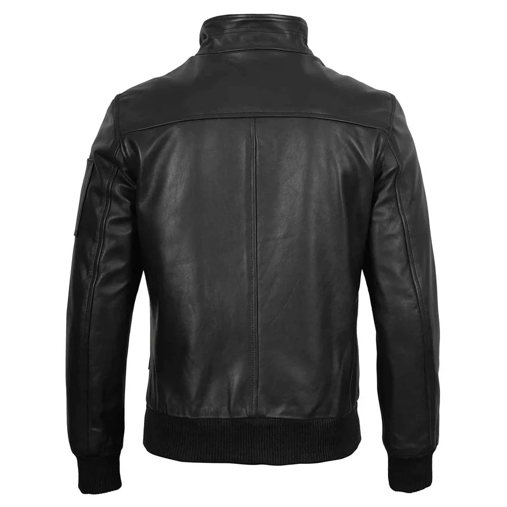 Men's Black Real Cowhide Leather Bomber Jacket