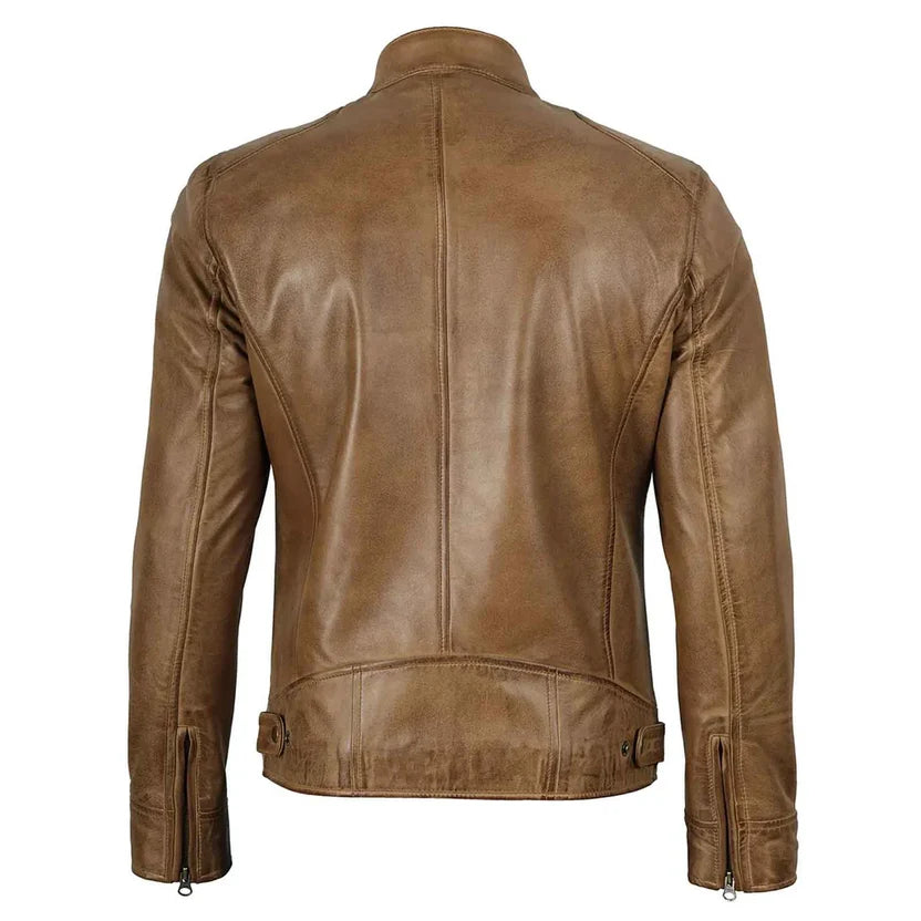 tan genuine leather cafe racer jacket