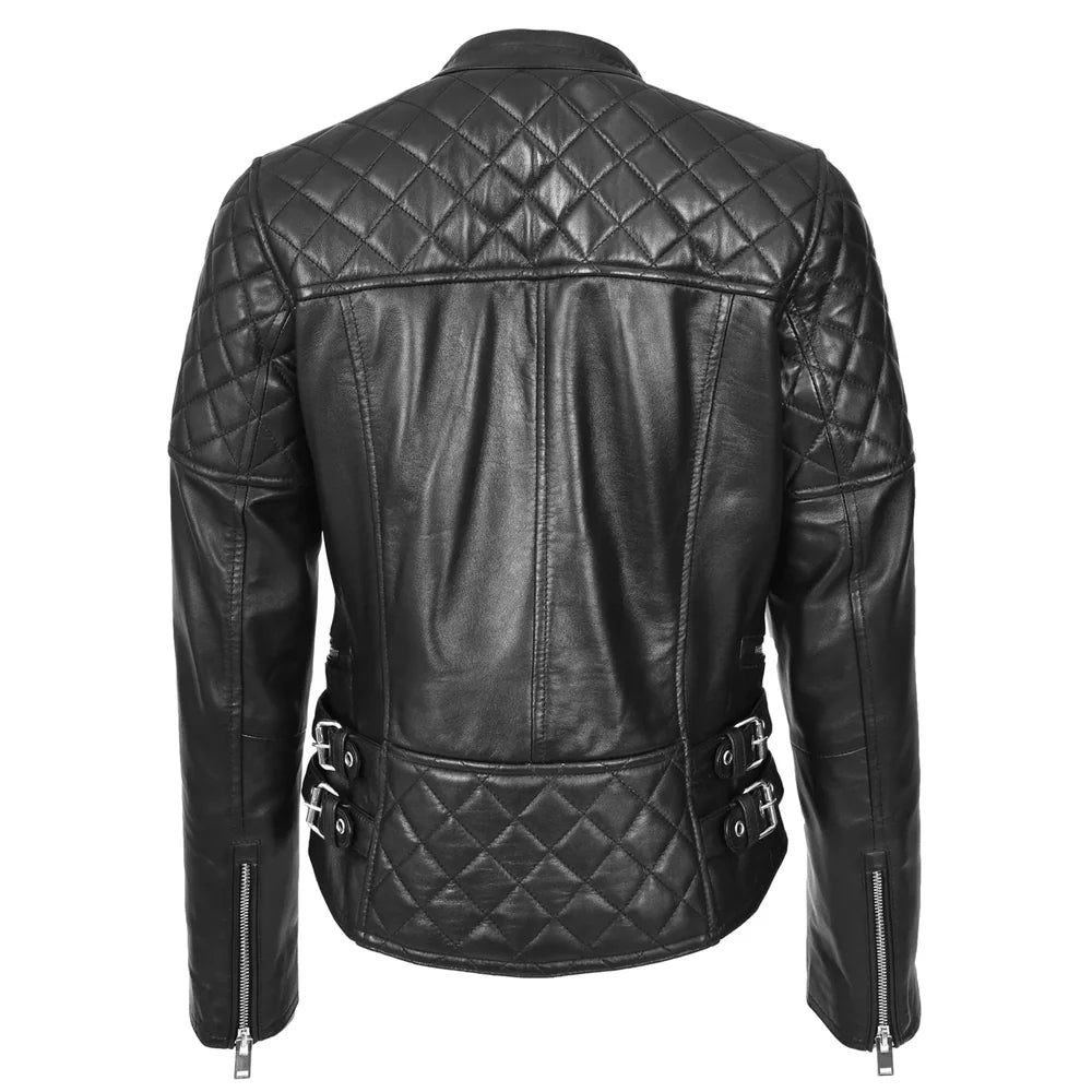 Women's Real Leather Biker Jacket Classic Cross Zip Style