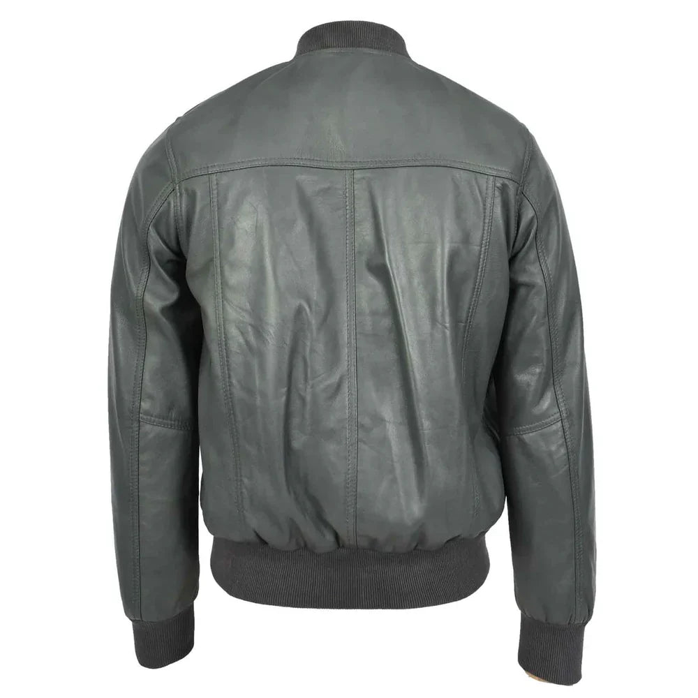 Men's Grey Leather Bomber Jacket