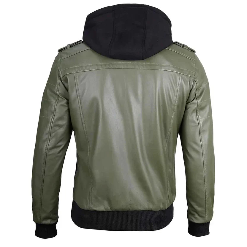 Men's Olive Green Leather Hooded Jacket 