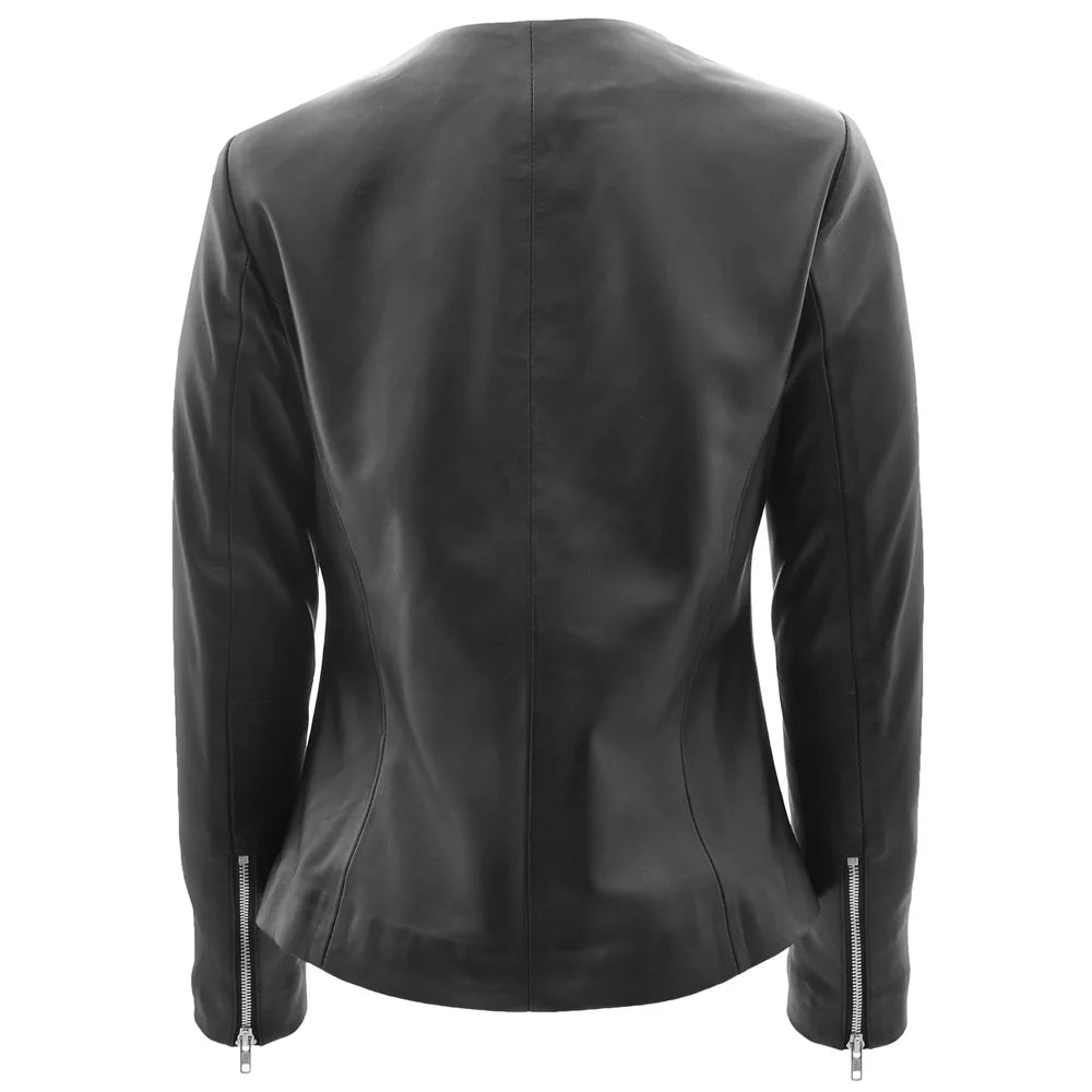 Lambskin Stylish Women's Collarless Round Neck Leather Jacket