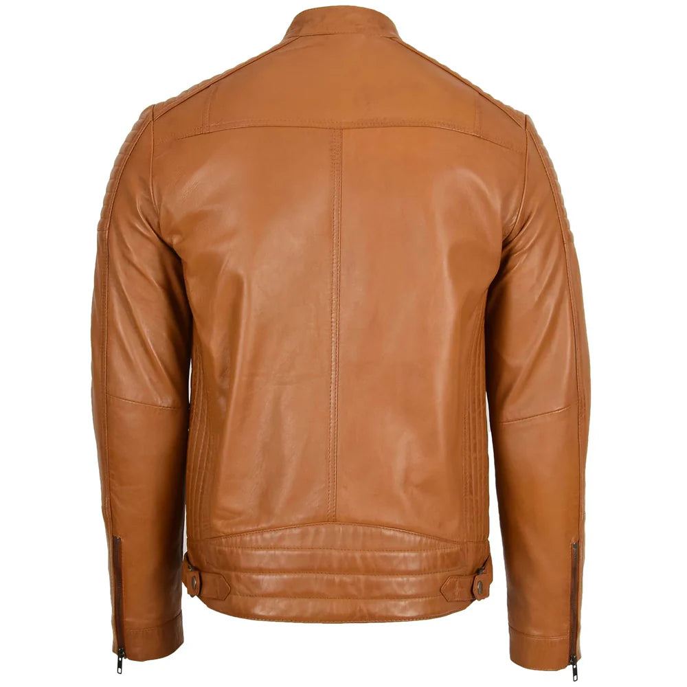 Men's Leather Cafe Racer Biker Jacket Ron Tan