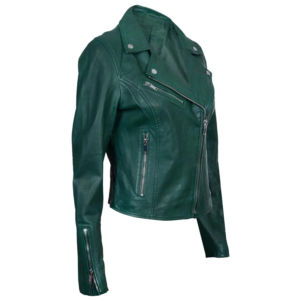 Lambskin Leather Biker Jacket For Women Slim Fit Racer Style