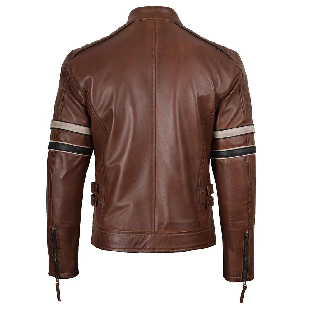 Biker Men's Cognac Brown Leather Racer Jacket
