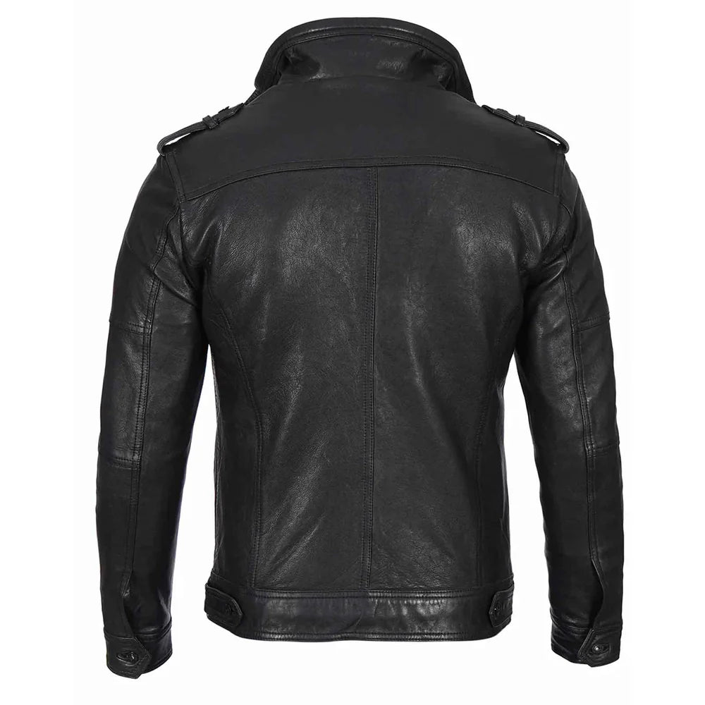 Men's Black Waxed Cafe Racer Style Lambskin Leather Jacket