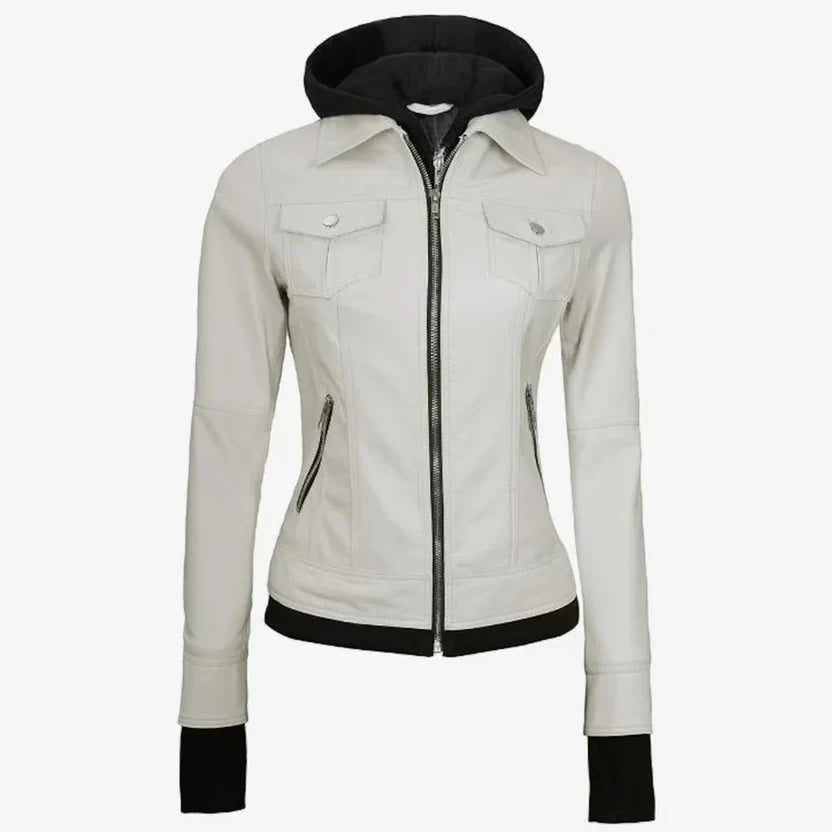 Women's Off White Hooded Cargo Leather Jacket