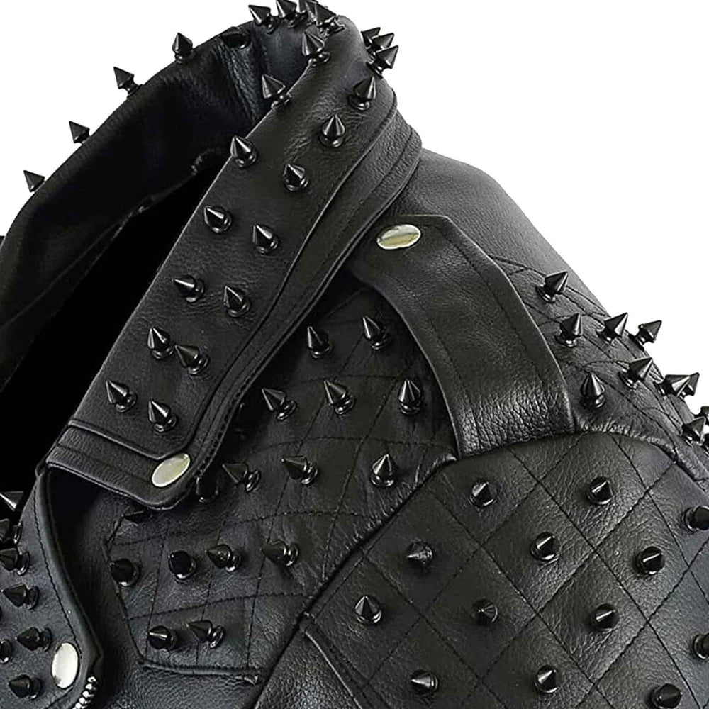 Black Metal Studded Full Sleeve Multipocketed Original Leather Jacket