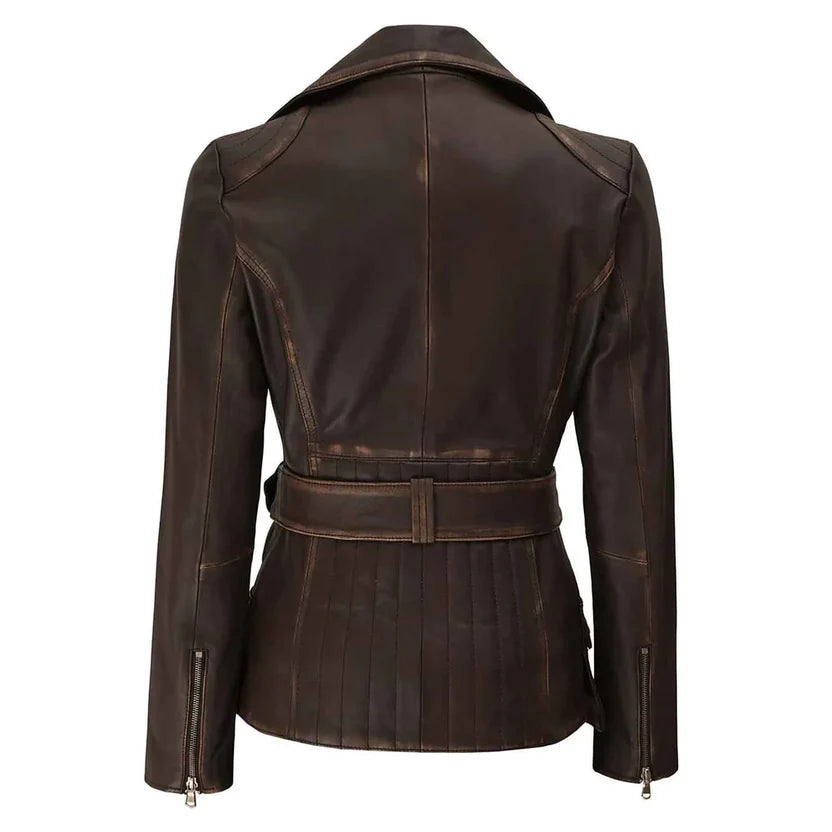 Women's Brown Genuine Leather Belted Biker Jacket