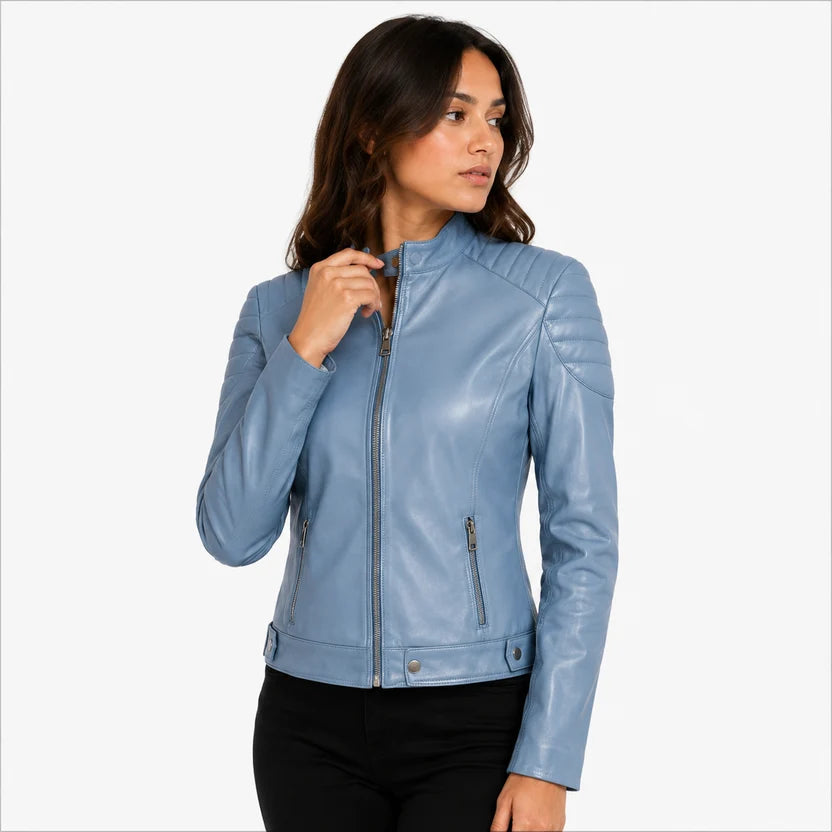 Women's Light Blue Genuine Leather Cafe Racer Jacket