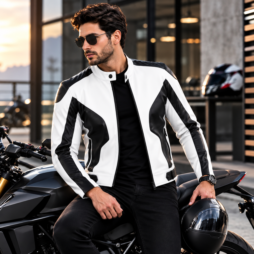 Men's White & Black Premium Leather Biker Jacket