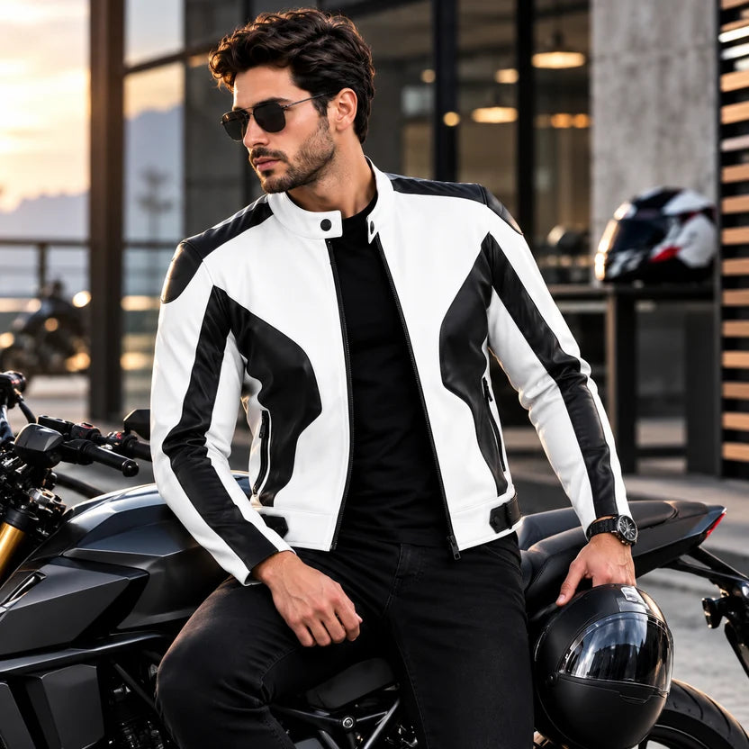 Men's White and Black Armor Panel Racer Leather Jacket