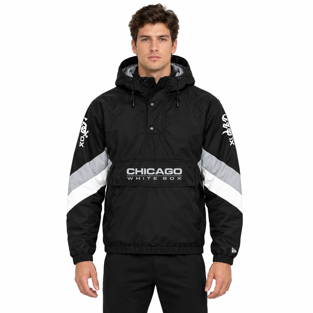 black chicago white sox anorak windbreaker jacket with white panels and Chicago White Sox logo