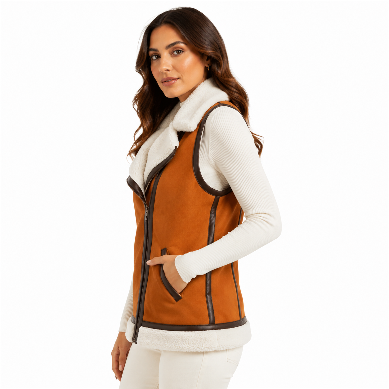 Women's Tan Shearling Leather Vest
