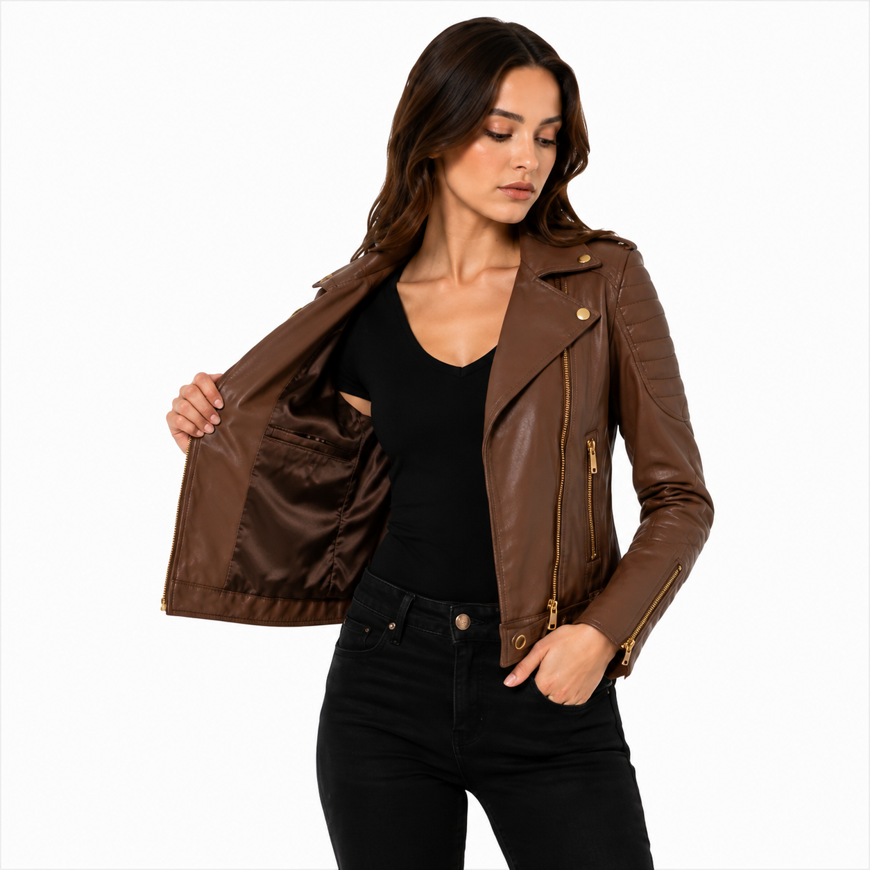 Brown Quilted Shoulder Motorcycle Jacket