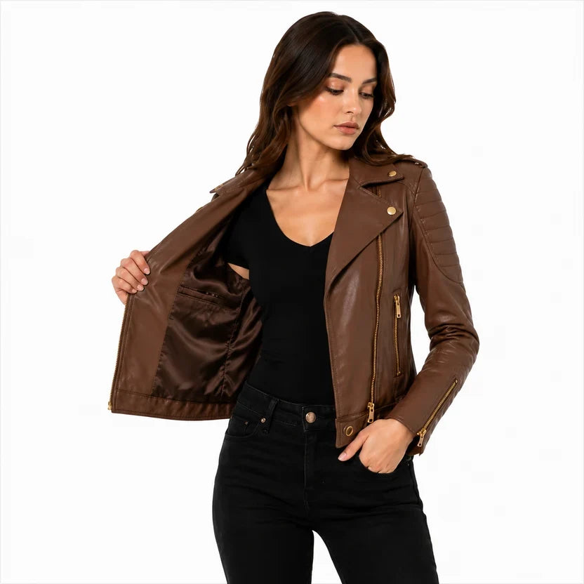 Women's Pink Genuine Leather Biker Jacket