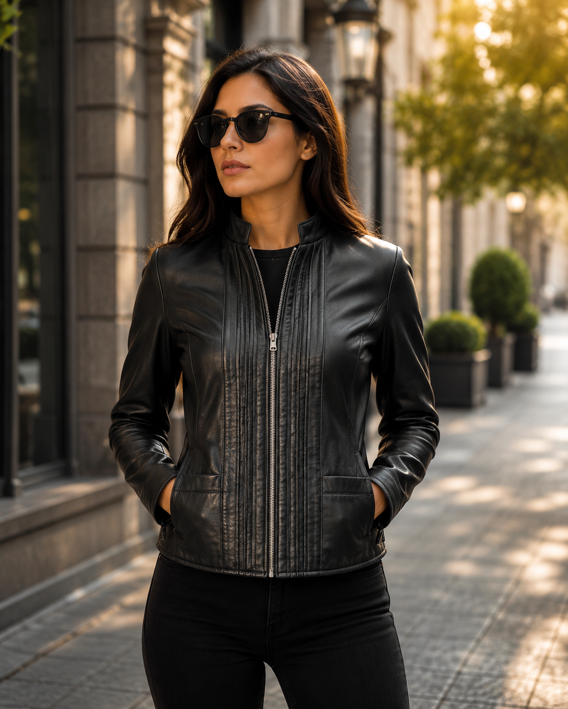 Women’s Black Leather Casual Jacket with Standing Collar