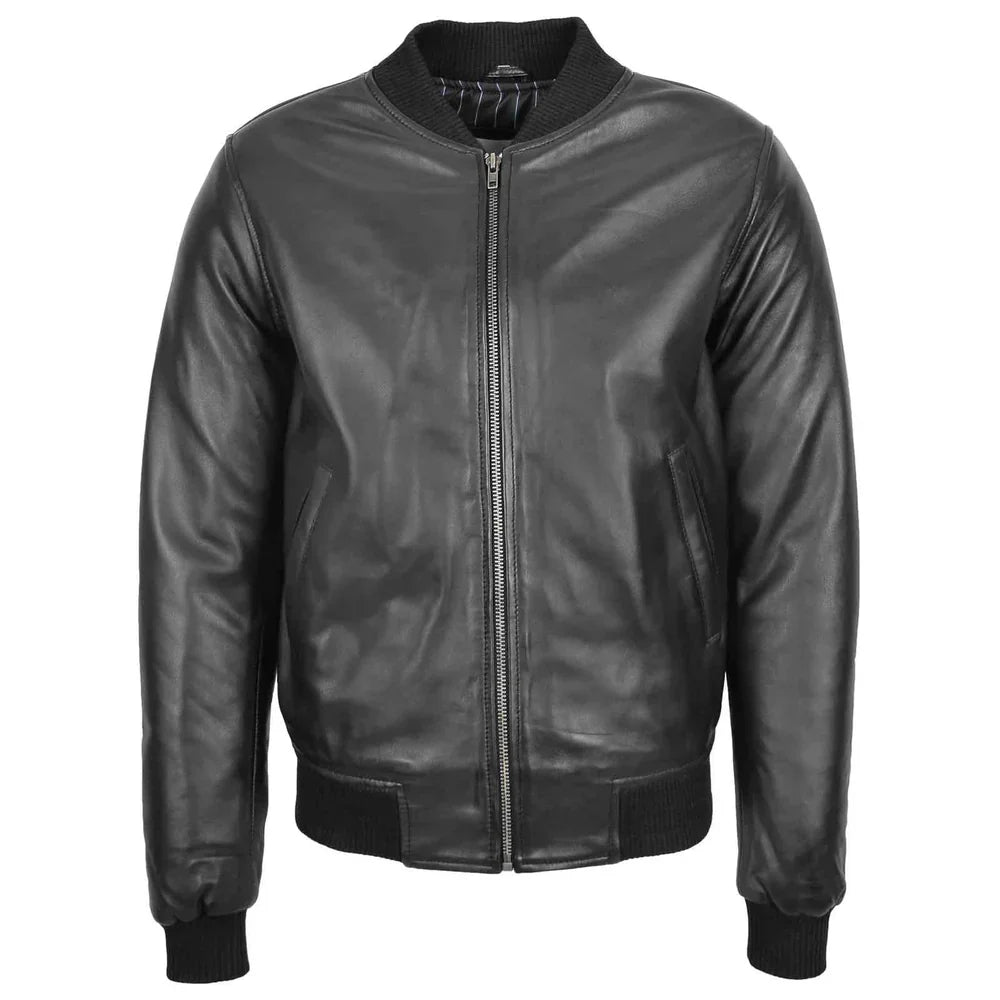 Men's Black Genuine Leather MA-1 Bomber Jacket