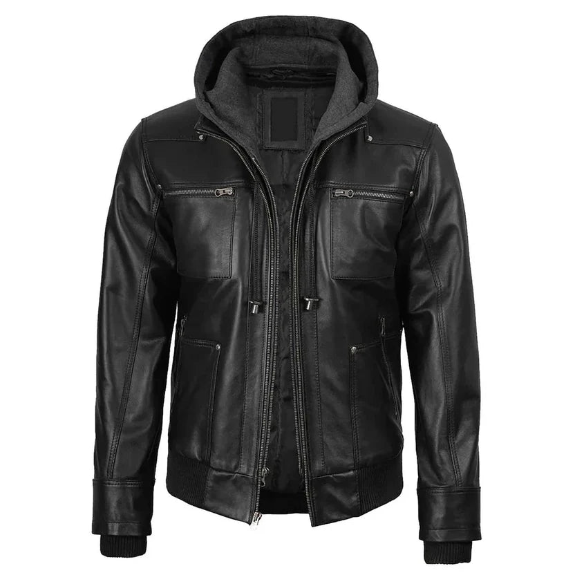 Men's Black Leather Hooded Bomber Jacket