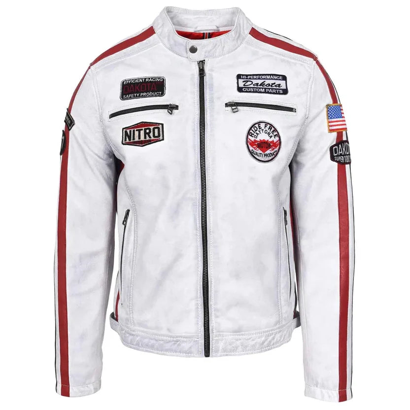 Men's White Genuine Leather Racing Jacket with Red Stripes