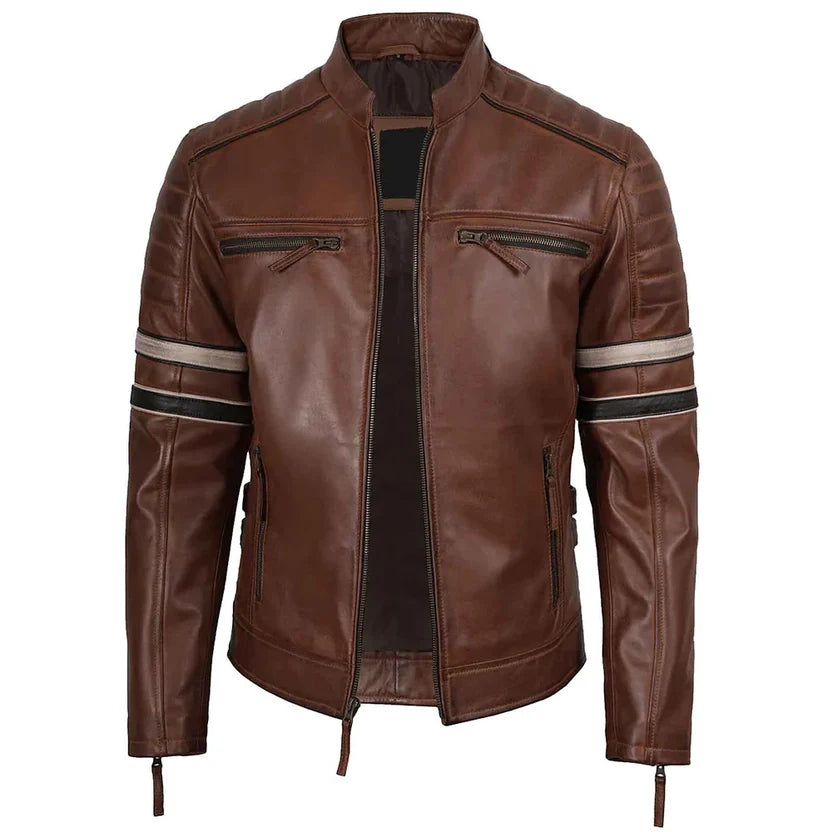 Men's Brown Genuine Leather Café Racer Jacket