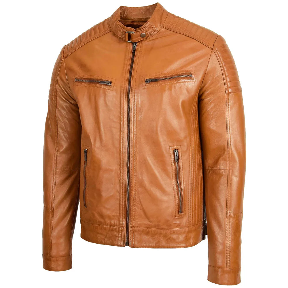 Men's Leather Cafe Racer Biker Jacket Ron Tan