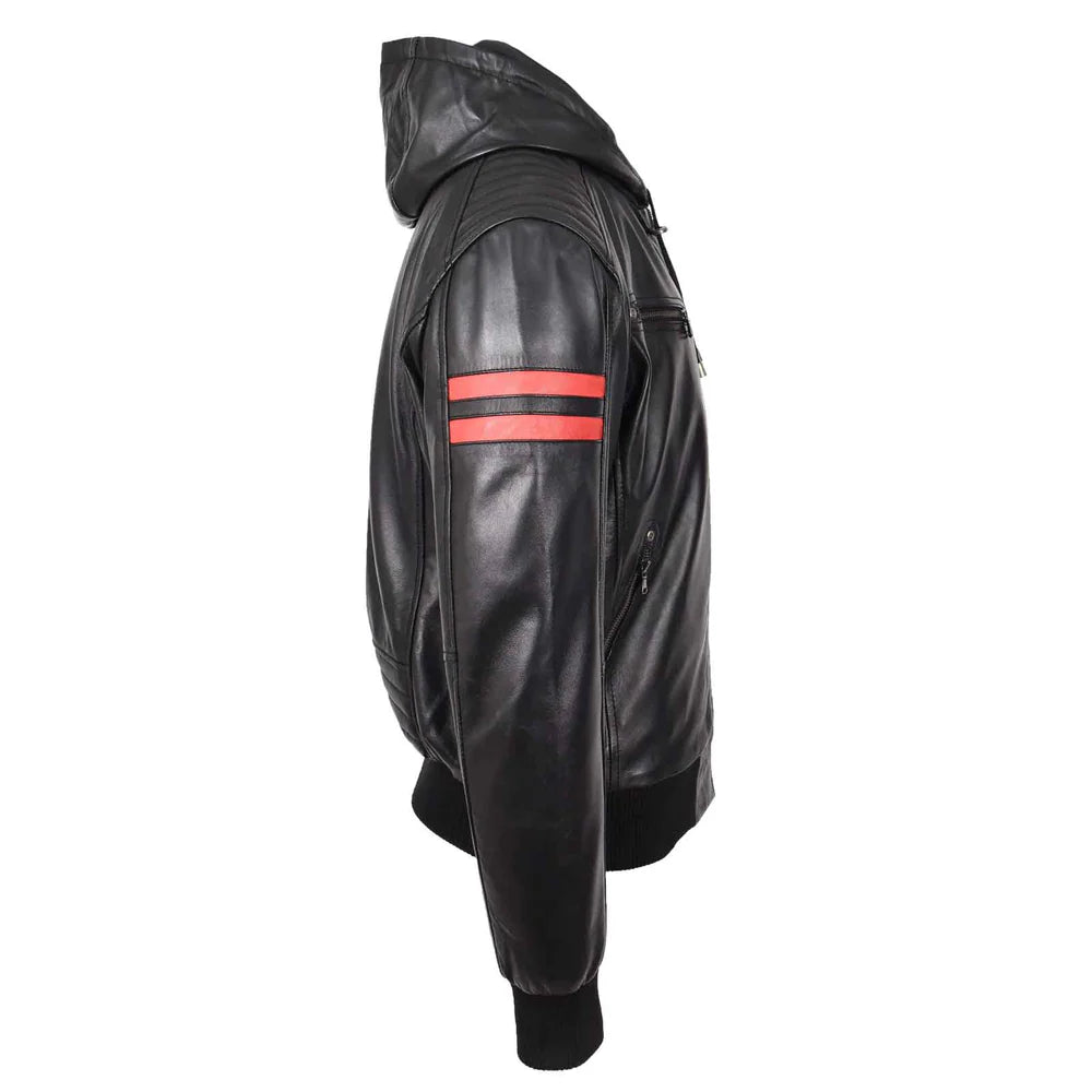 Leather Men's Genuine Lambskin Leather Hooded Bomber Jacket