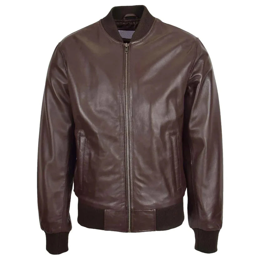 Men's Dark Brown Leather Bomber Jacket