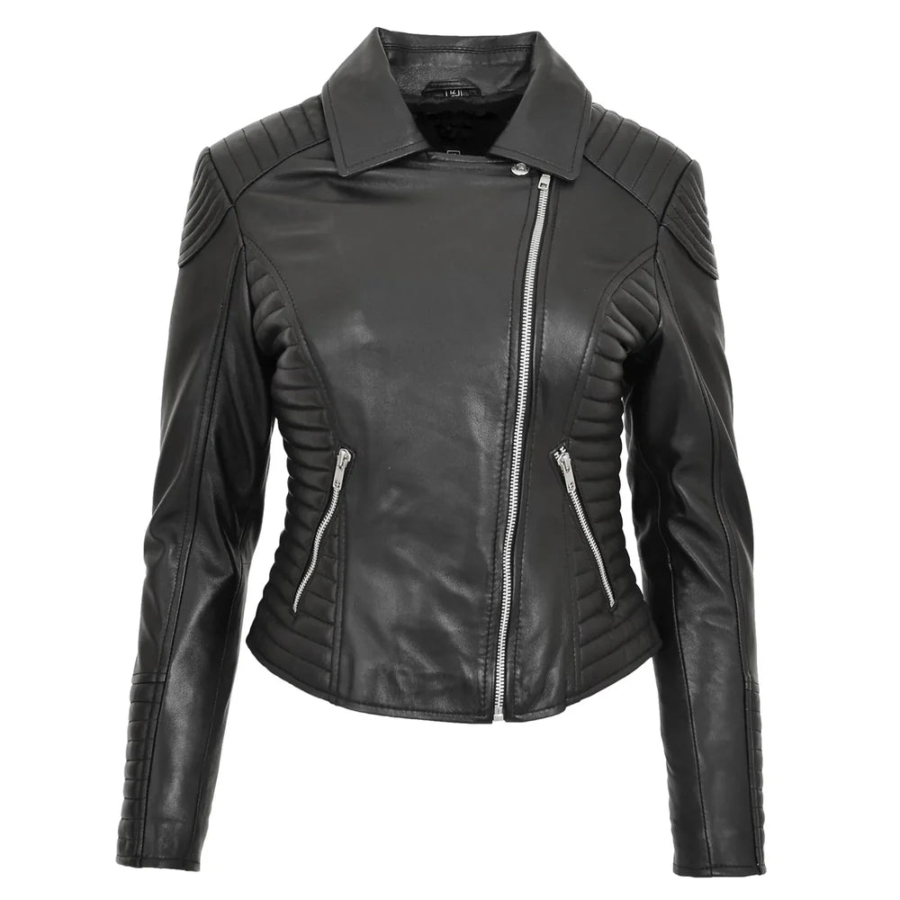 Women’s Real Leather Cross Zip Jacket