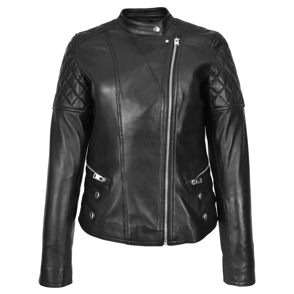 Women's Real Leather Biker Jacket Classic Cross Zip Style