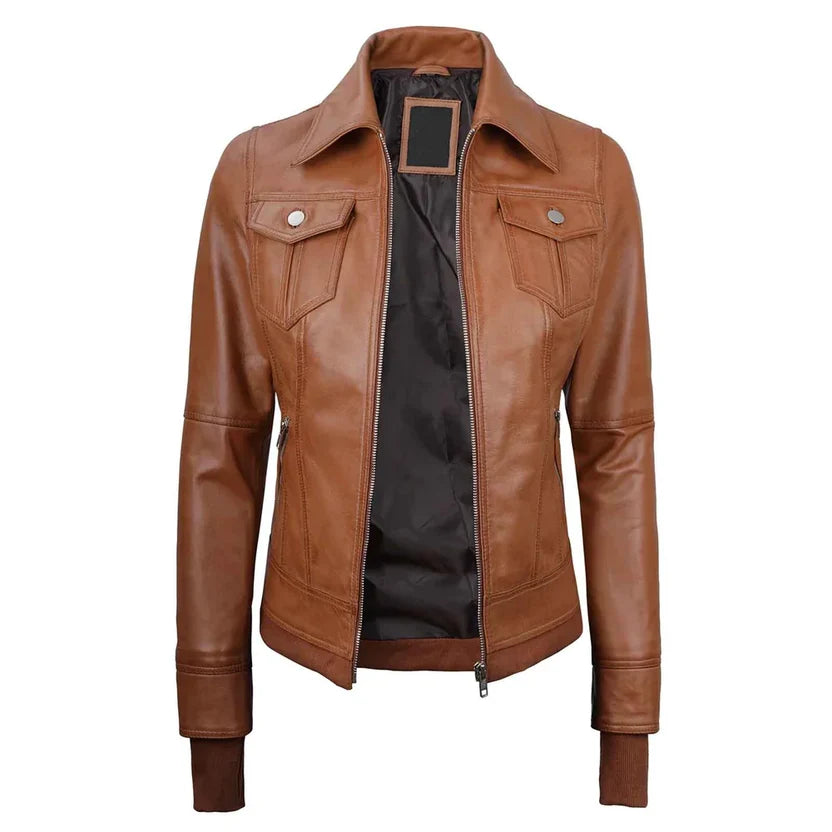Women's Cognac Brown Hooded Leather Jacket