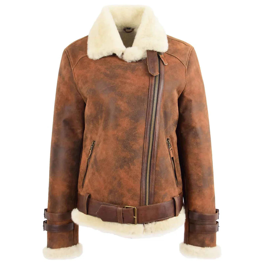 Women's Vintage Brown Sheepskin Aviator Jacket