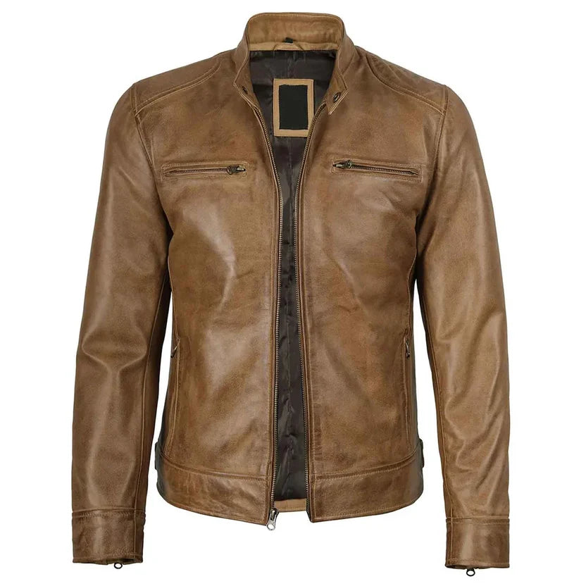 men's tan leather minimalist cafe racer jacket