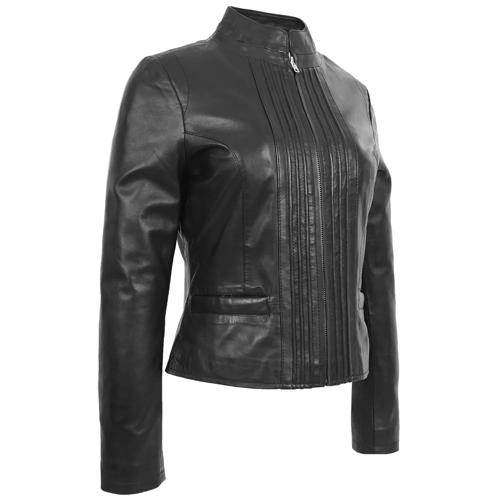 Women’s Black Leather Casual Jacket with Standing Collar