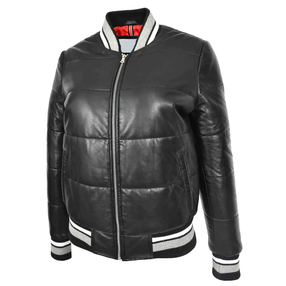 Premium Durability Women's Real Leather Puffer Bomber Jacket