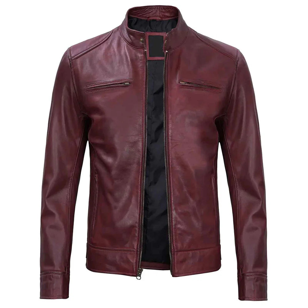 Dodge Men's Cafe Racer Biker Style Burgundy Lambskin Leather Jacket