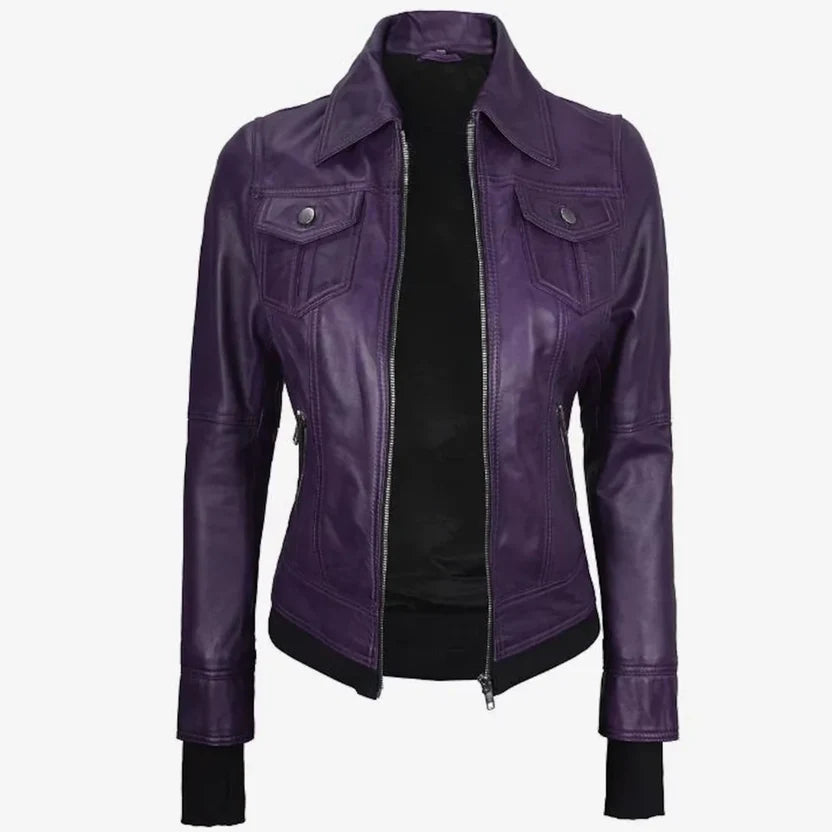 Women's Purple Hooded Leather Jacket