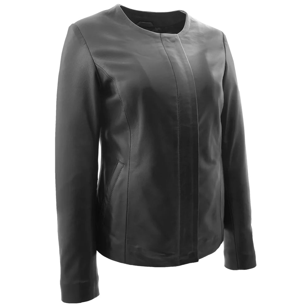 Lambskin Stylish Women's Collarless Round Neck Leather Jacket