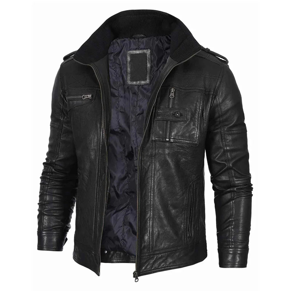 Men's Black Waxed Cafe Racer Style Lambskin Leather Jacket