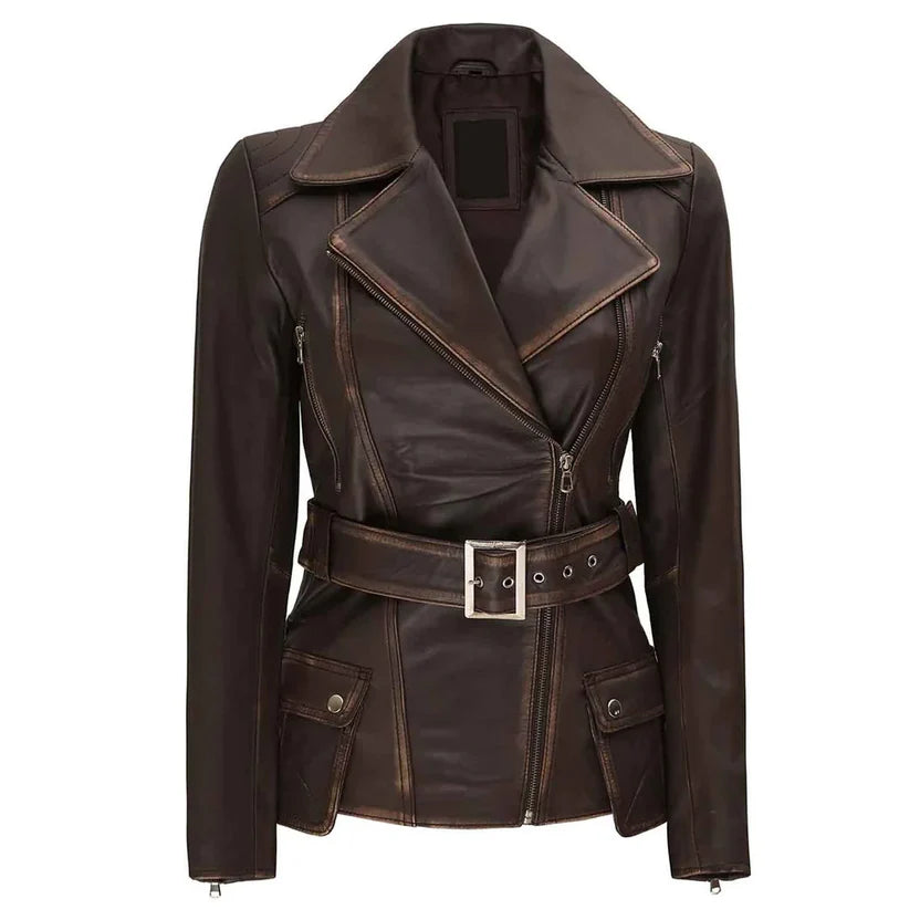 Women's Brown Genuine Leather Belted Biker Jacket