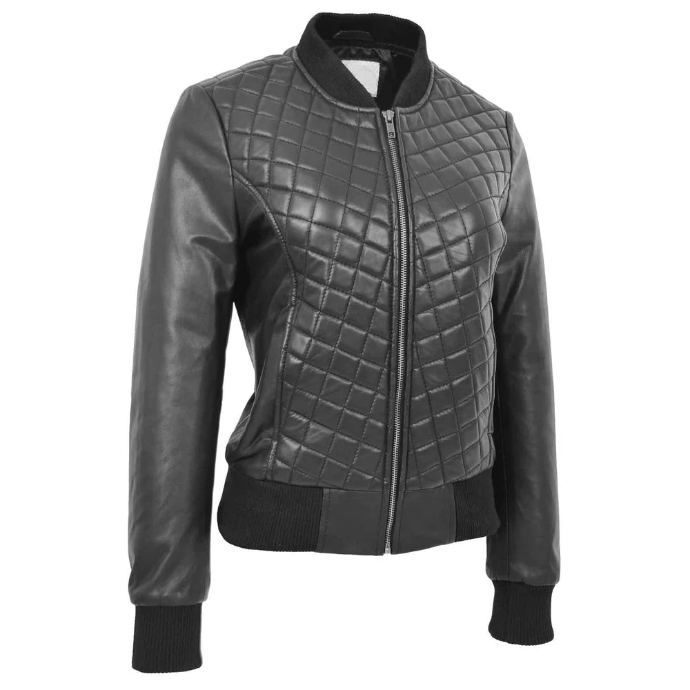 Women's Genuine Leather Quilted Bomber Jacket